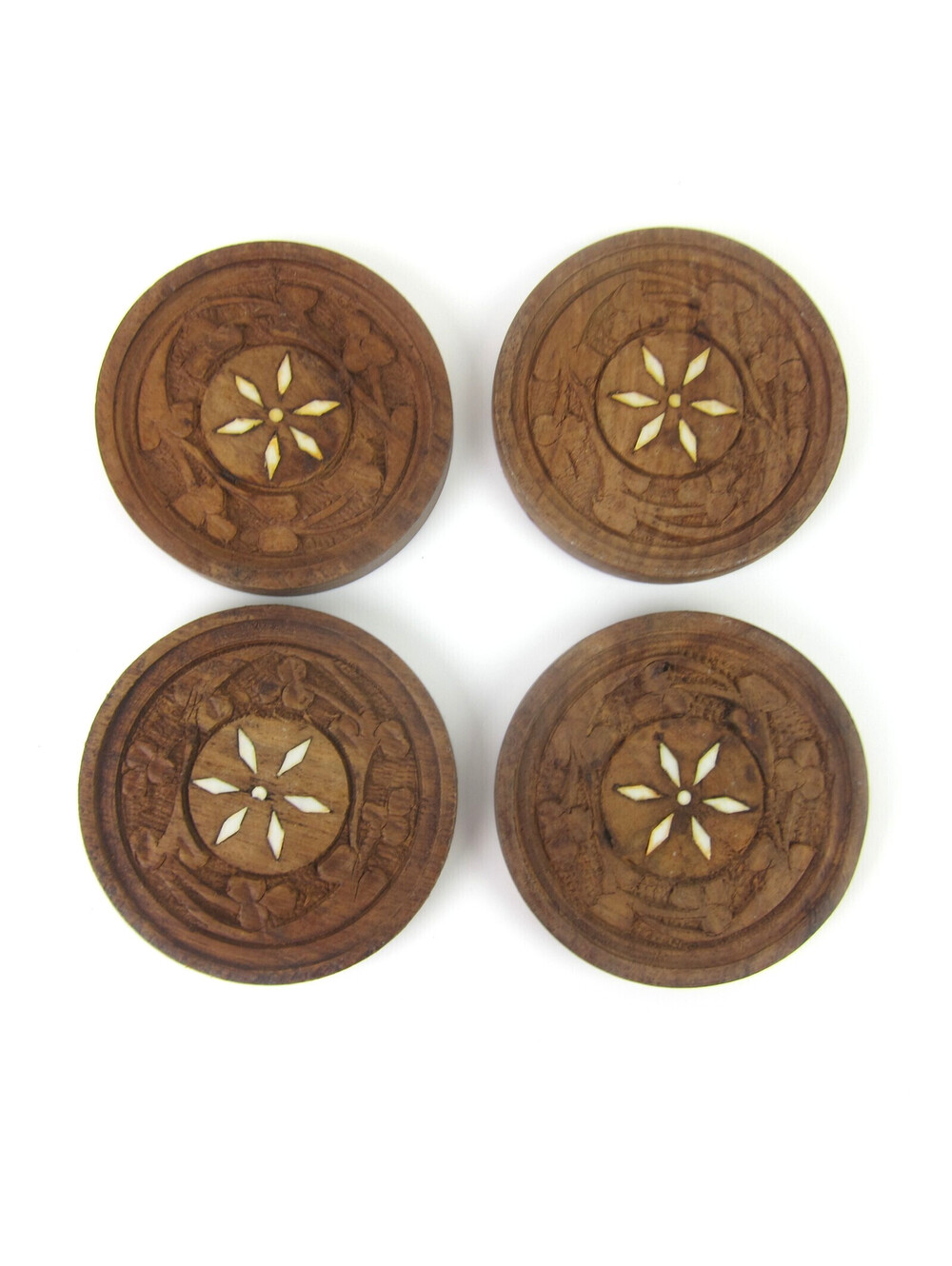 Vintage Drink Coasters 4 Hand Carved Wood Shell Inlay Flowers India Boho MCM